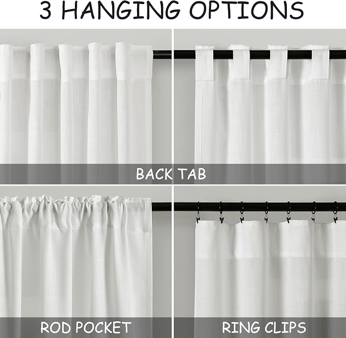 Off White Linen Sheer Curtains 102 Inches 2 Panels Set Back Tab Rod Pocket - Image 3