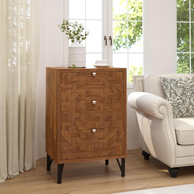 COSIEST Nightstand, Rustic End Table with 3 Drawers, Vintage Wood Bedside Table with Strudy Legs, Modern Side Table Accent Nightstand for Bedroom, Living Room