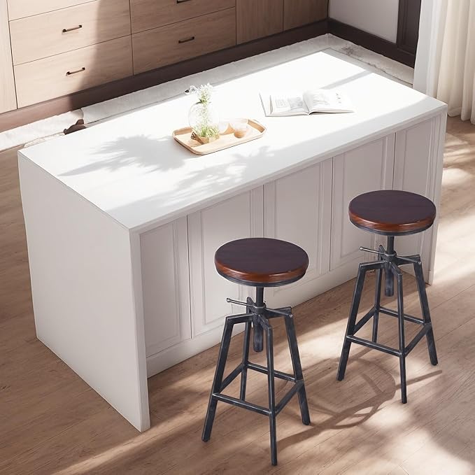 Set of 2 Industrial Bar Stools 25.6-30.5inch Counter Bar Height Adjustable Swivel Wooden Seat Kitchen Dining Chairs