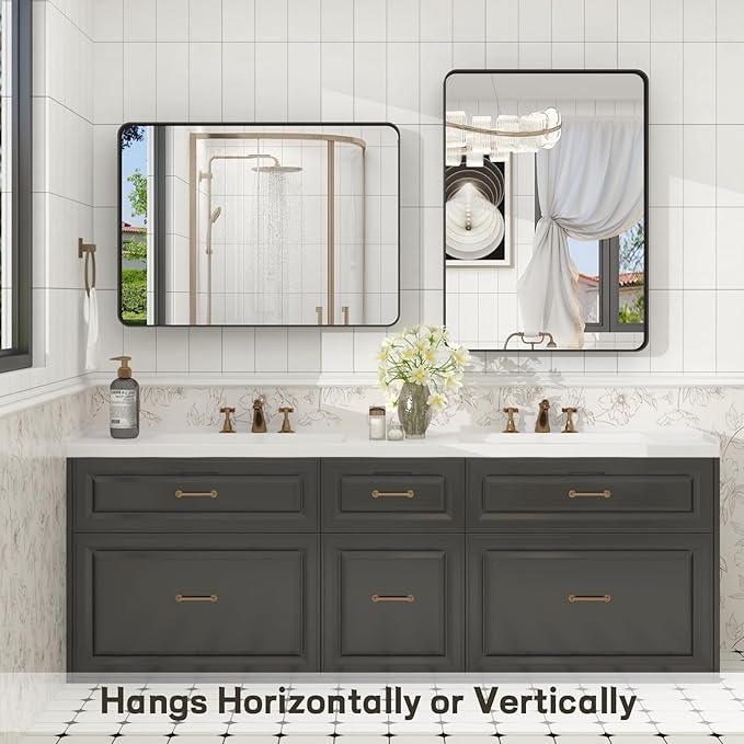 30x36 Inch Black Framed Bathroom Mirror for Wall, Matte Black Metal Mirror, Rounded Corner Rectangle Vanity Mirror, Anti-Rust, Shatterproof (Horizontal/Vertical)
