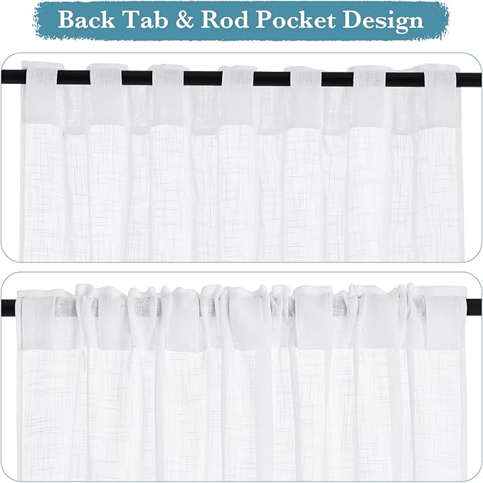RYB HOME White Sheer Curtains Linen Texture Window Panels, Semi Sheer Light - Image 2