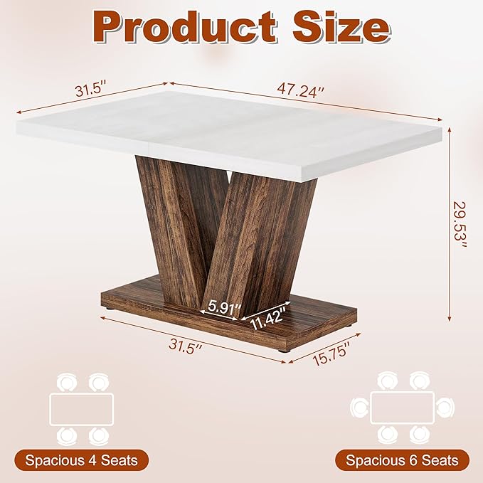 47 Inch Dining Table for 4, Farmhouse Dinner Table Wooden Kitchen Tables with Heavy Duty Pedestal for Dining Room, Kitchen, Living Room, White & Black