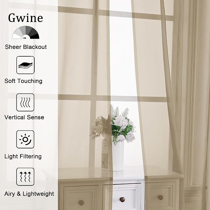 Gwine Taupe Sheer Curtain Tiers 24 Inch Length, Light Filtering Voile Short - Image 3