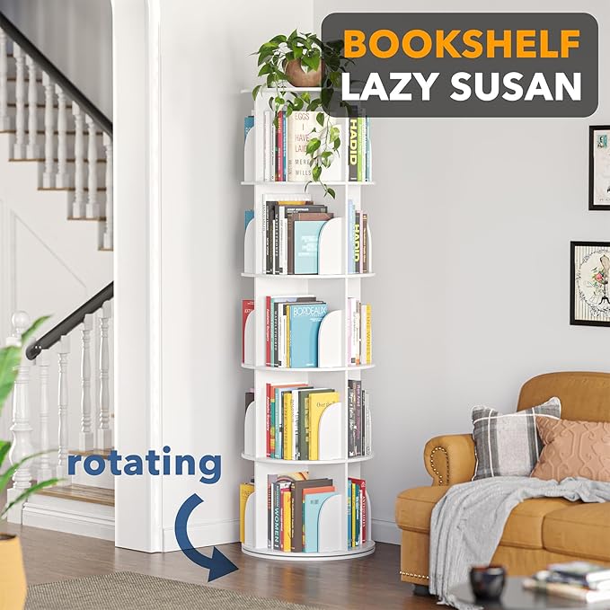 SpaceAid 5 Tier Rotating Bookshelf Tower, Spinning Bookcase Lazy Susan, Revolving 360 Book Shelf Storage Round Carousel, Vertical Rotate Turning Spiral Corner Organizer, White