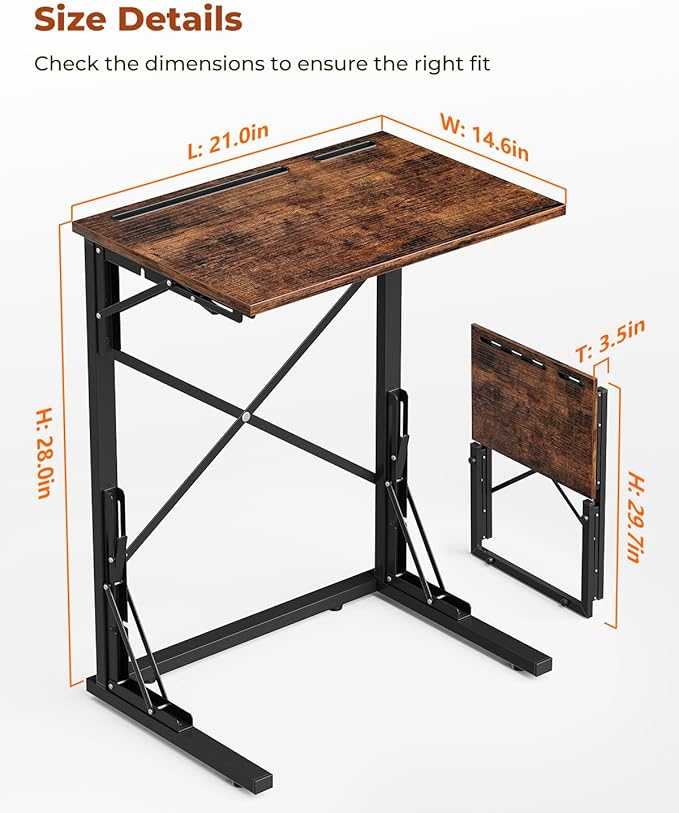 21''Wx28''H Folding TV Tray for Eating, Small Foldable C-Shaped Tray Table with Tablet and Phone Slots, Slide Under Couch Side Table for Recliner, Living Room, Bedroom, Rustic Brown