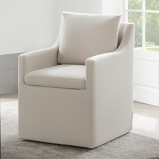 Upholstered Dining Chairs with Casters Washable Cover Side Deskchair with Rollers for Diningroom, Living Room, Flax Beige, 1 Box