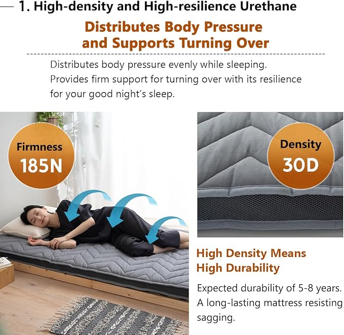 EMOOR Japanese Wool-Blend Padded Futon Mattress GOMA King Dark Gray, Gusset Foldable Sotrable Elastic Bands Floor Sleeping Guest Bed Tatami Mat