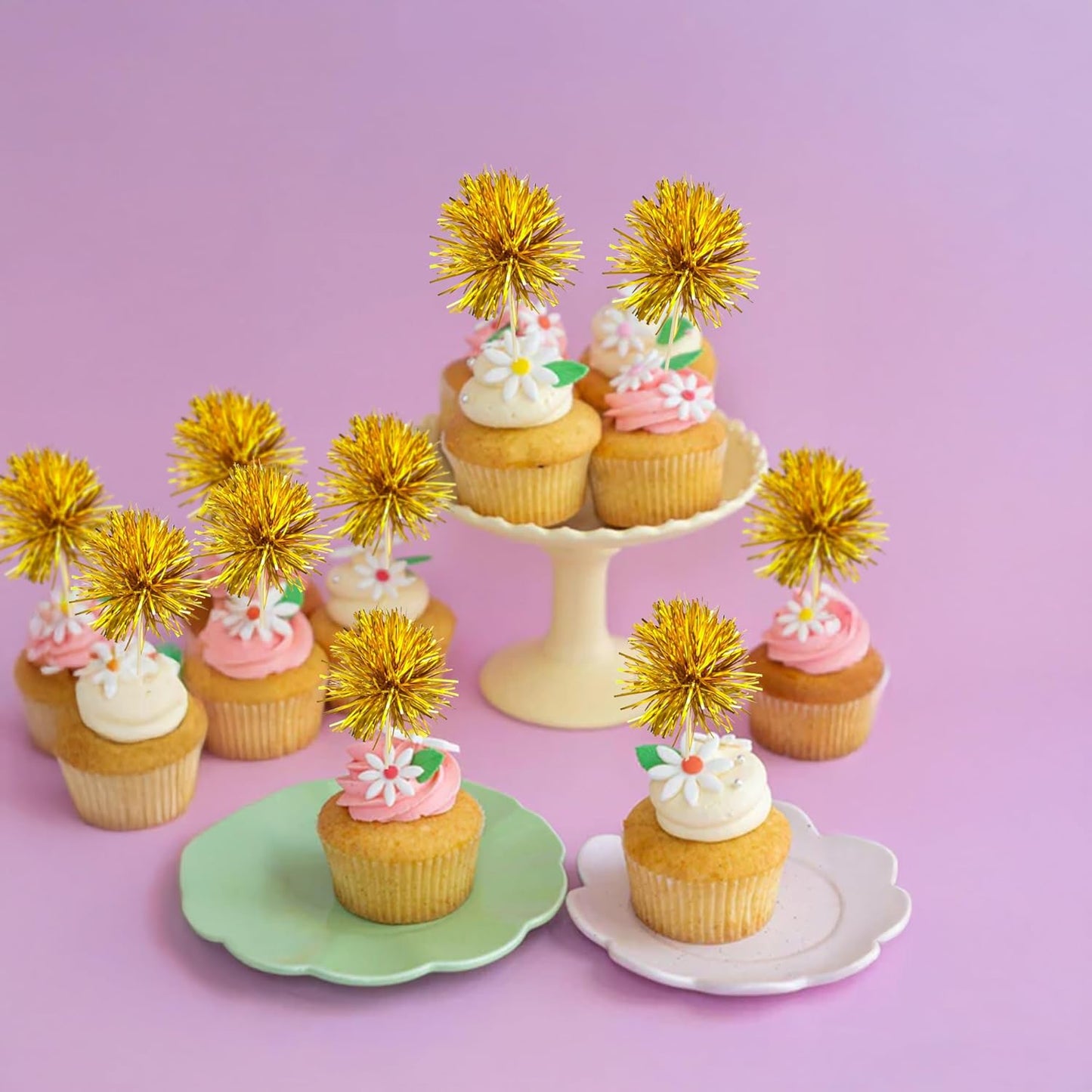 Gyufise 30Pcs Foil Firework Cupcake Toppers Sparkle Tinsel Cake Toppers Tinsel Drink Cake Decoration Cocktail Picks for Birthday Wedding Graduation Party Supplies Dark Gold