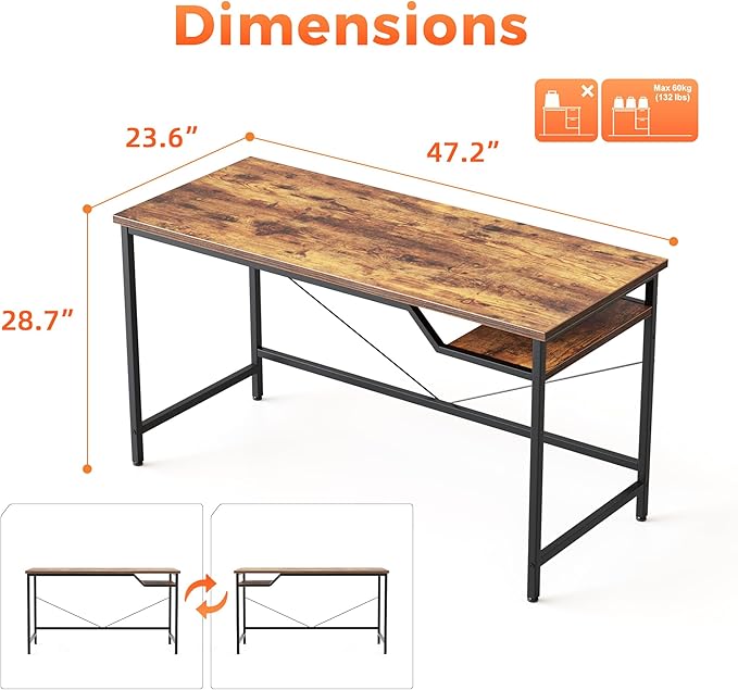 Computer Desk 48 X 24 inch, Gaming Desk for Small Spaces, Modern Simple Style Table for Home Office, Study Student Writing Table (Shelf, Rustic Brown, 48 inch)