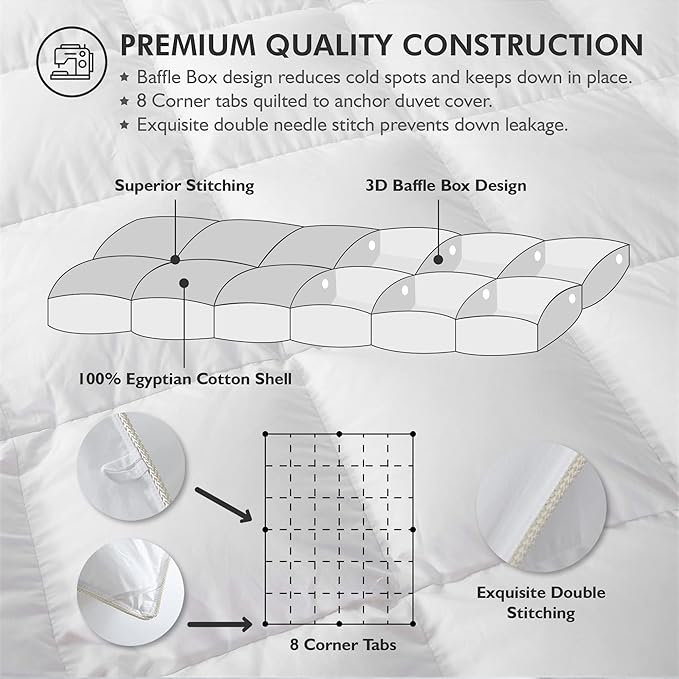 Luxurious White Solid Medium Weight, Queen Size Goose Feathers Down Comforter for All-Season Weather Duvet Insert, Premium Baffle Box, 100% Egyptian Cotton Cover, 60 oz. Fill Weight