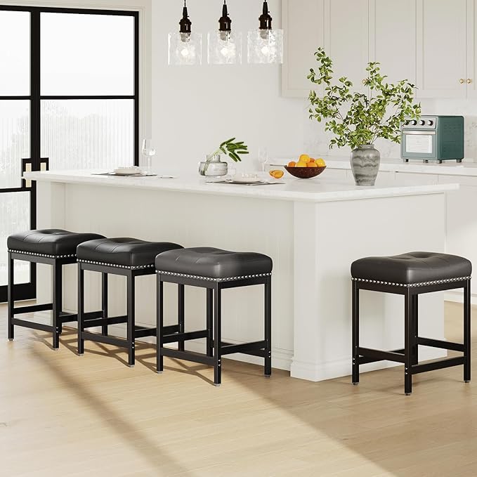 MALOL Set of 6 Saddle Bar Stools Counter Height 24.4”, Black Backless Barstools for Kitchen Island, Modern PU Leather Cushioned Seat, Bar Chairs for Kitchen Counter, Breakfast Bar Stools for Home