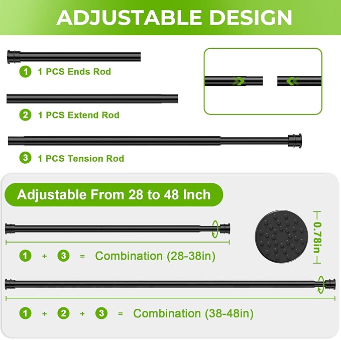 2 Pack Spring Tension Rods 28-48 Inches No Drill Tension Curtain Rods Black - Image 4