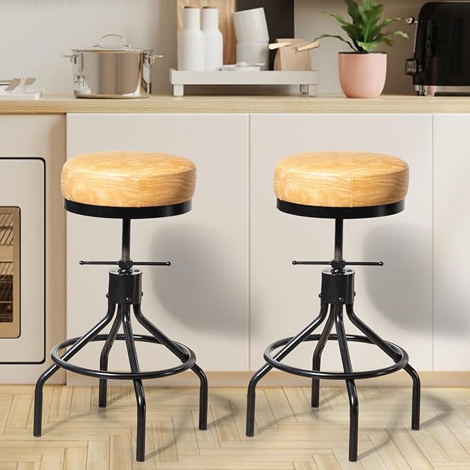 Swivel Bar Stools Set of 2 Adjustable Swivel Round Barstools Modern PU Leather 28inch Backless Counter Height Stool Metal Industrial Bar Chair for Kitchen Island (2, Ash Wood PU Leather)