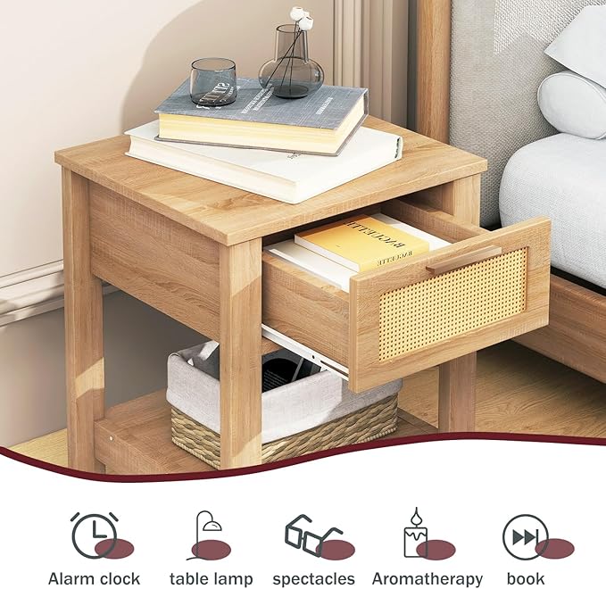 IBUYKE Rattan Nightstand Set of 2, Boho Night Stand with Drawer, Wood Bedside Tables with Storage Shelf, End Table with Legs for Bedroom, Natural UWNS011N-2