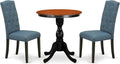 East West Furniture ESCE3-BCH-21 3 Piece Dining Room Table Set Contains a Round Kitchen Table with Pedestal and 2 Mineral Blue Linen Fabric Parson Dining Chairs, 30x30 Inch, Black & Cherry