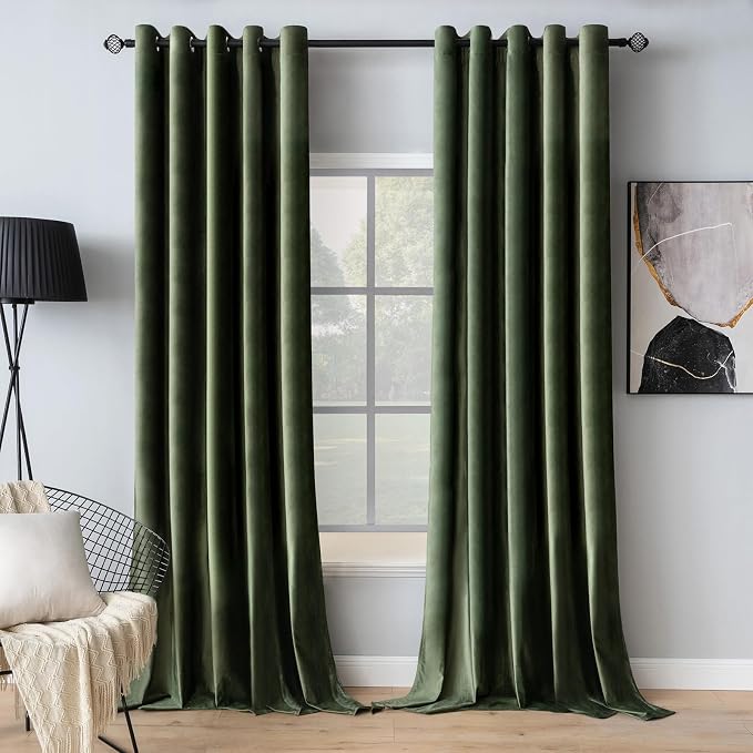 MIULEE Velvet Curtains Olive Green Elegant Grommet Thermal Insulated Soundproof by MIULEE