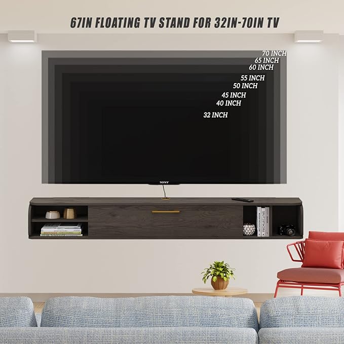 Floating TV Unit, 67'' Wall Mounted TV Cabinet, Floating Shelves with 4 Cabinets, Wooden Entertainment Media Console Center Large Storage TV Bench for Living Room & Office (67IN, Dark Grey)