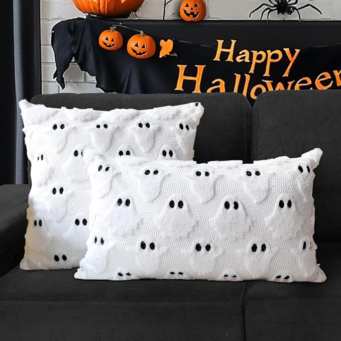 4TH Emotion Halloween Ghost Decorative Pillow Covers 16x16 Set of 2, White Soft Plush Faux Fur Farmhouse Throw Cushion Cases for Fall Autumn Holiday Home Decorations