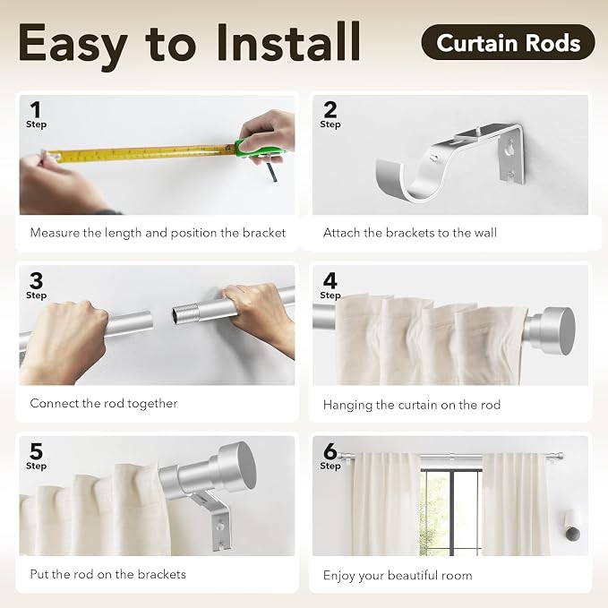 IFELS Heavy Duty Curtain Rods for Windows 48 to 84 Inch, 1 Inch Silver Curtain - Image 8