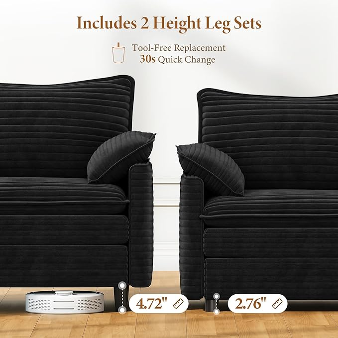 Vesgantti 142" Cloud Couch Sectional Modular Sofa, Comfy Sectional Couch with Ottoman Deep Seat Corduroy L Shaped Sofa, Modular Couches for Living Room, Bedroom and Apartment, Black