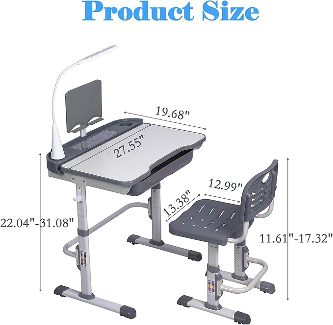 Kids' Desk and Chair Set, Height Adjustable Child's School Study Writing Tables with Tilt Desktop, LED Light, Storage Drawer, Book Stand(Grey)