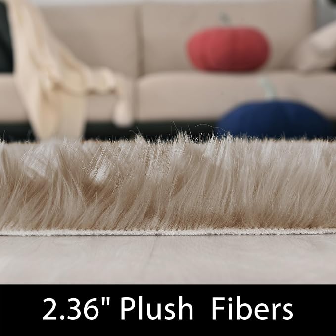 Latepis Brown Beige Faux Sheepskin Fur 2x8 Runner Rug - Image 2