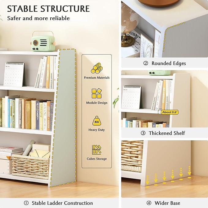 IOTXY Wooden Extendable Shelf Bookcase - 3-Tier Ladder Low Short Bookshelf for Small Space or Corner, Black, L