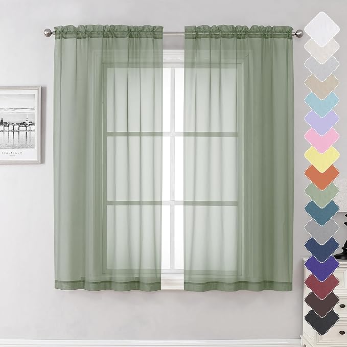 Lecloud Sage Green Sheer Curtains 63 Inch Long 2 Panels, Elegant Voile Drapes by Lecloud