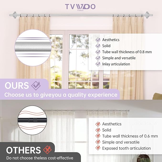 TVWOO Silver Wrap Around Curtain Rods 2Pack:Small Blackout Adjustable Window - Image 6