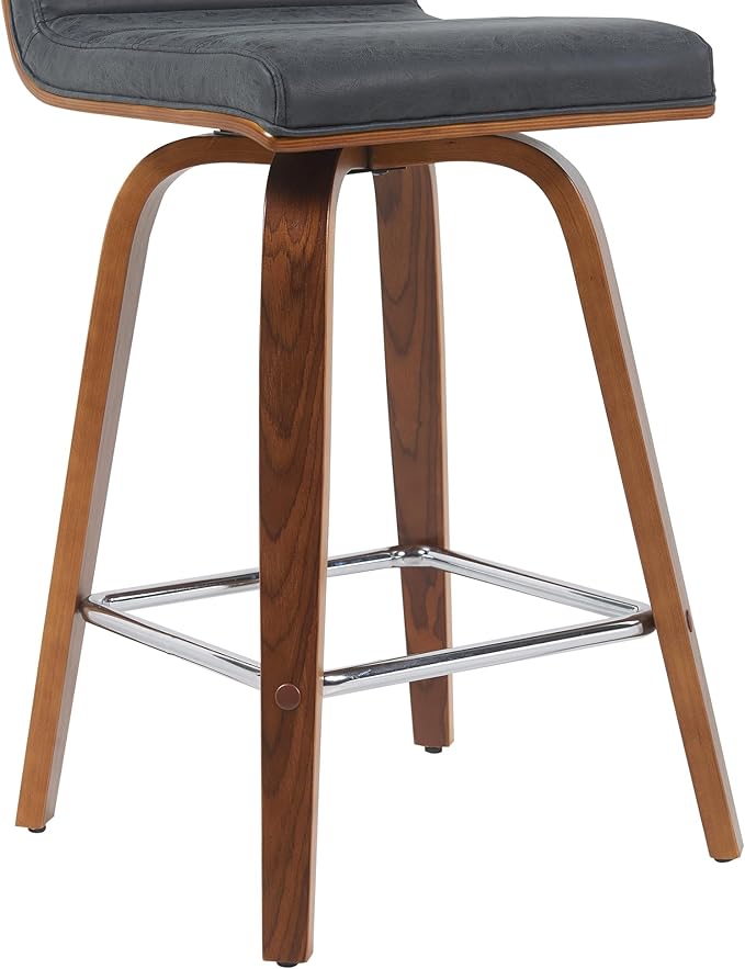 Armen Living Vienna Modern Swivel 26" Counter Height Barstool with Vintage Black Faux Leather and Walnut Wood Finish