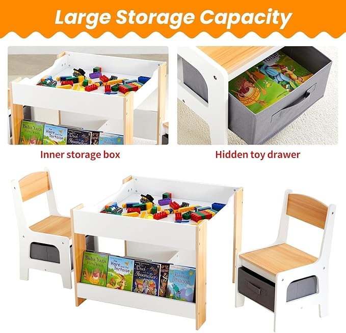 Asweets Kids Table and Chair Set,4 in 1 Toddler Desk with Storage Drawer,Wooden Activity Table for 2 in 1 Detachable Tabletop,Bookshelf,Suitable for Classroom,Home,Nursery,Playroom (Ivory White)