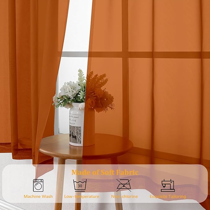 Gwine Burnt Orange Sheer Curtain Tiers 24 Inch Length, Light Filtering Voile - Image 8