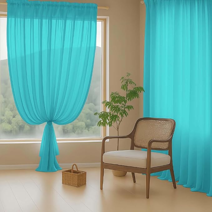Turquoise Sheer Curtains 63 Inch Length 2 Panels, Voile Sheer Curtain - Image 8