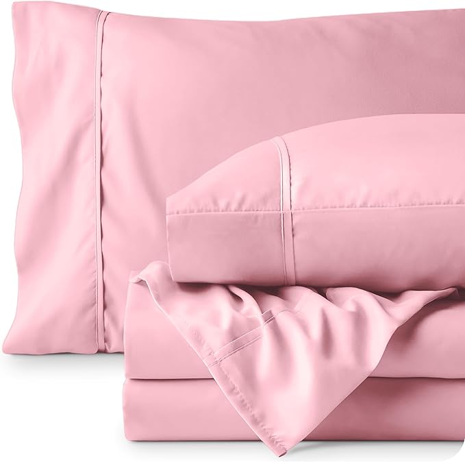 Bare Home Full XL Sheet Set - Luxury 1800 Ultra-Soft Microfiber Full Extra Long Bed Sheets - Double Brushed - Deep Pockets - Easy Fit - 4 Piece Set - Bedding Sheets & Pillowcases (Full XL, Light Pink)