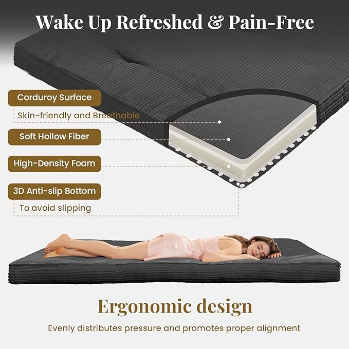 Japanese Floor Mattress, 4" Thicken Futon Mattress Full Size Sleeping Pad, Corduroy Foldable Mattress Pad Roll Up Tatami Mat Floor Mattress for Adults（Grey）