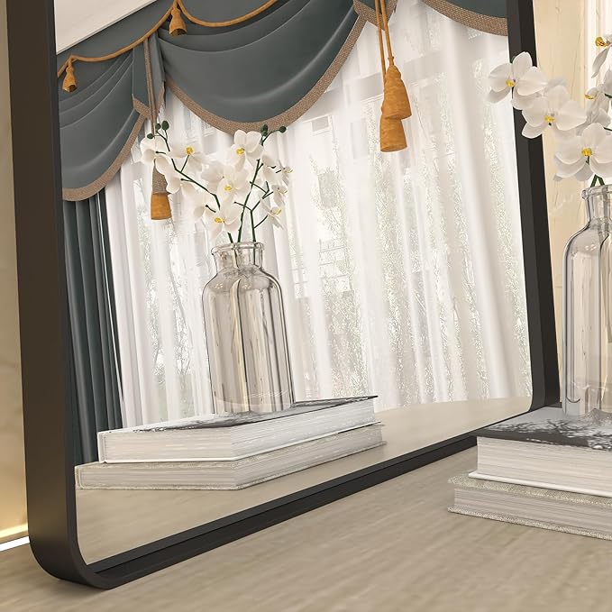 72x36 Black Bathroom Mirror for Wall, Matte Black Framed Bathroom Vanity Mirror, Large Rectangle Mirror, Rounded Corners, Anti-Rust, Shatterproof (Horizontal/Vertical)