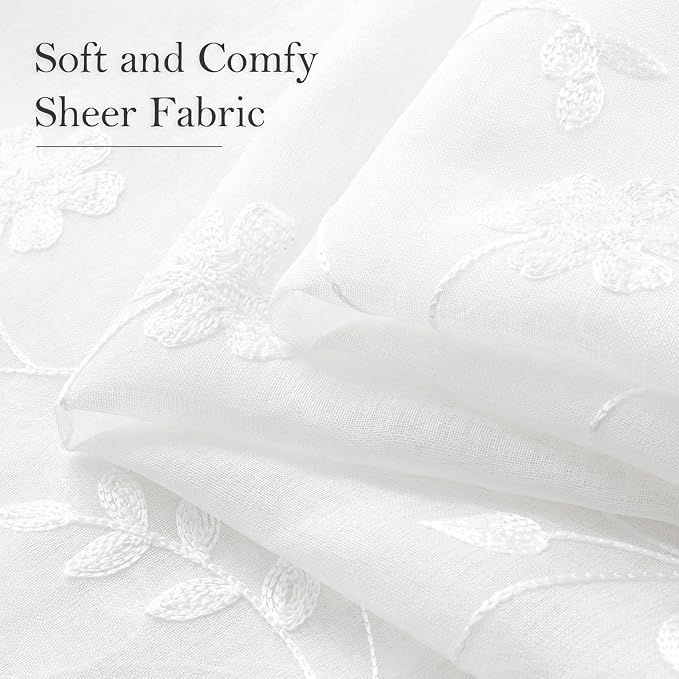 HOMEIDEAS White Sheer Curtains 96 Inches Long 2 Panels White Embroidered Floral - Image 3