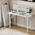 Frylr Small Folding Computer Desk – 43.3 Inch Portable Table for Craft and Study, Lightweight Desk for Small Spaces, Foldable Laptop Table Built-in AC/USB Outlets for Convenience, White Ash