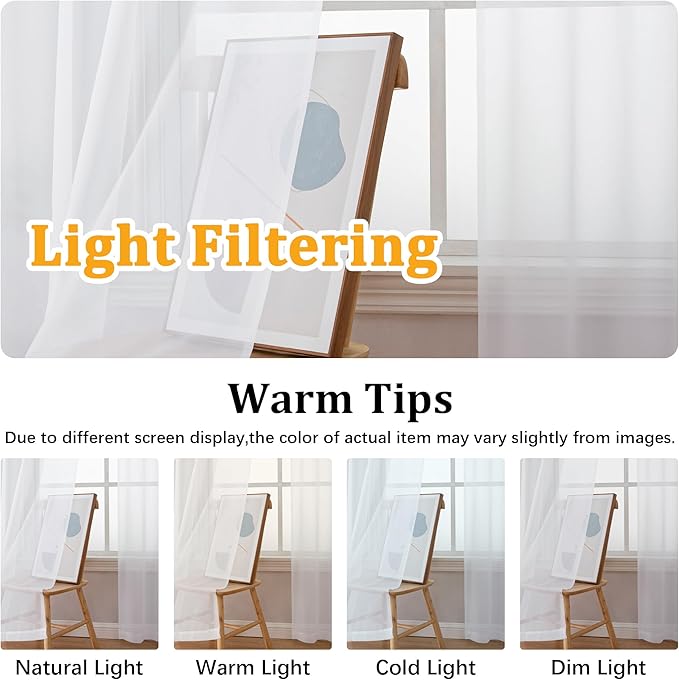 Gwine White Sheer Curtain Tiers 24 Inch Length, Light Filtering Voile Short - Image 6