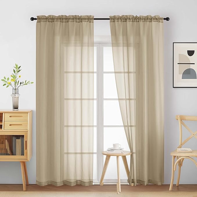 Taupe Sheer Curtains 90 Inches Long 2 Panels, Light Filtering Solid Sheer by Home