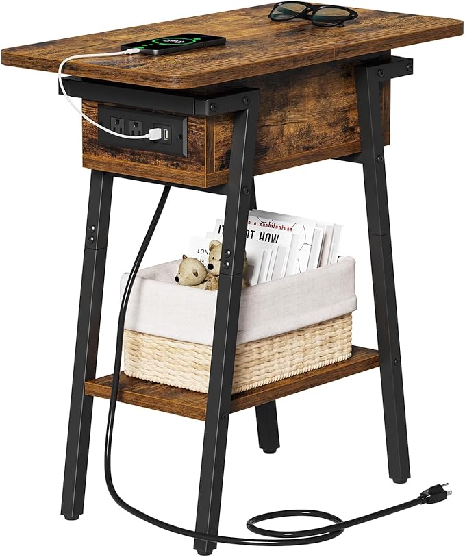 End Table with Charging Station, Flip Top Side Table with USB Ports and Outlets, Bedside Tables for Small Spaces,Nightstand with Storage Shelf for Living Room, Bedroom, Rustic Brown