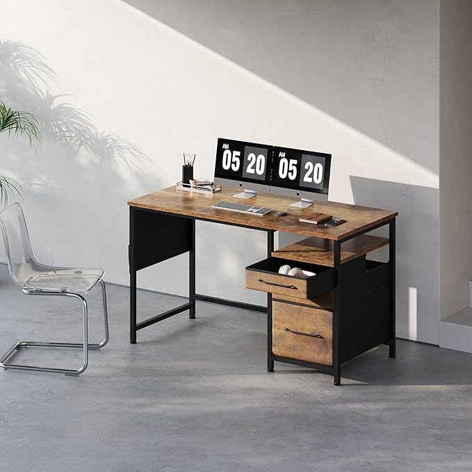 Maihail Computer Desk with Drawers, 47 inch Desk with 2 Drawers and Shelves, Office Desk with Storage, Desk with Storage Bag, Home Office desks with Drawers, Metal Frame for PC Laptop, Rustic Brown2