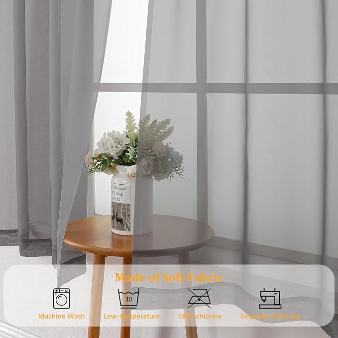 Gwine Charcoal Grey Sheer Curtains 90 Inches Long 2 Panels Set, Light Filtering - Image 7
