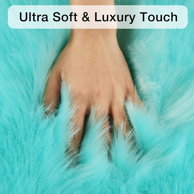 duduta Turquoise Blue Faux Sheepskin Fur Rug 3x5 ft, Fluffy Shag Bedroom Dorm - Image 5