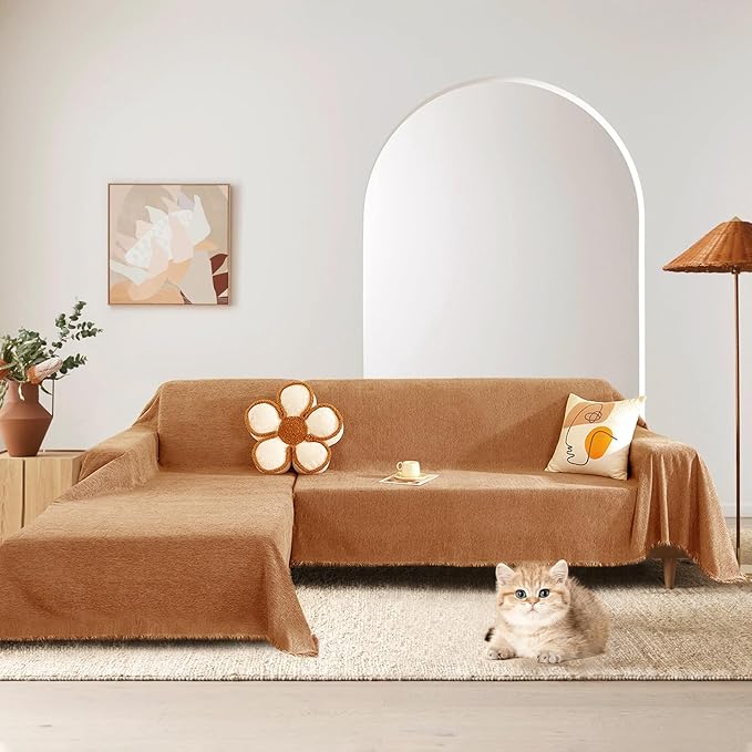 STACYPIK Soft Chenille Orange Sofa Covers, Herringbone Jacquard Pet Protector for 3 Cushion Couch, Loveseat Couch Cover for Sectional, Pumpkin Non-Slip Sofa Slipcover, Multi-Use Throw Blanket-71X134IN