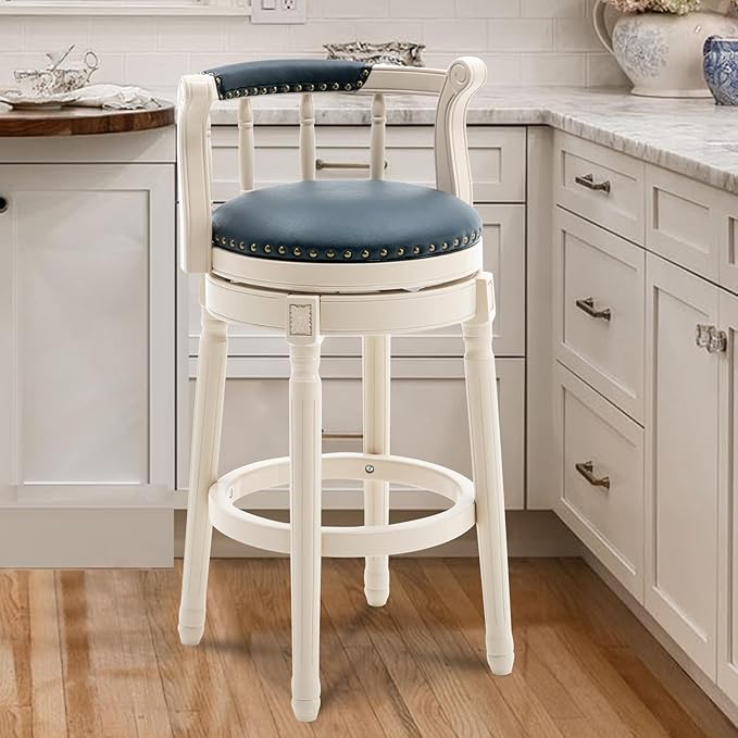 CozyRain Bar Stools Modern Swivel Barstools, Kitchen Counter Genuine Leather Upholstered Bar Stool Island Barstool with Footrest for Home Kitchen Dining Room (Blue, Seat Height 29.5 in)