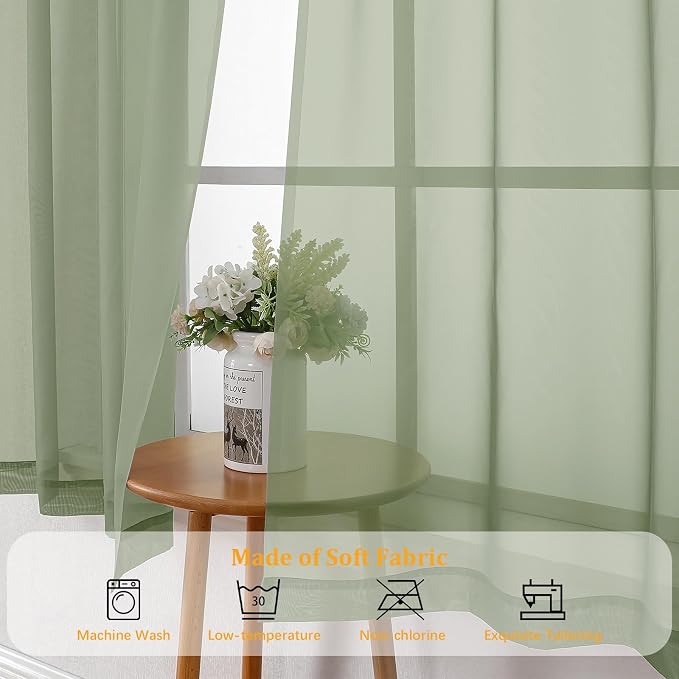 Gwine Sage Green Sheer Curtains 96 Inches Long 2 Panels, Elegant Window - Image 7