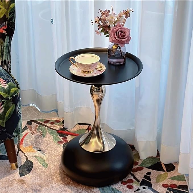 Modern Round Side Table with Gold Pedestal Base, Black Metal Top, Accent End Table for Living Room (Black)