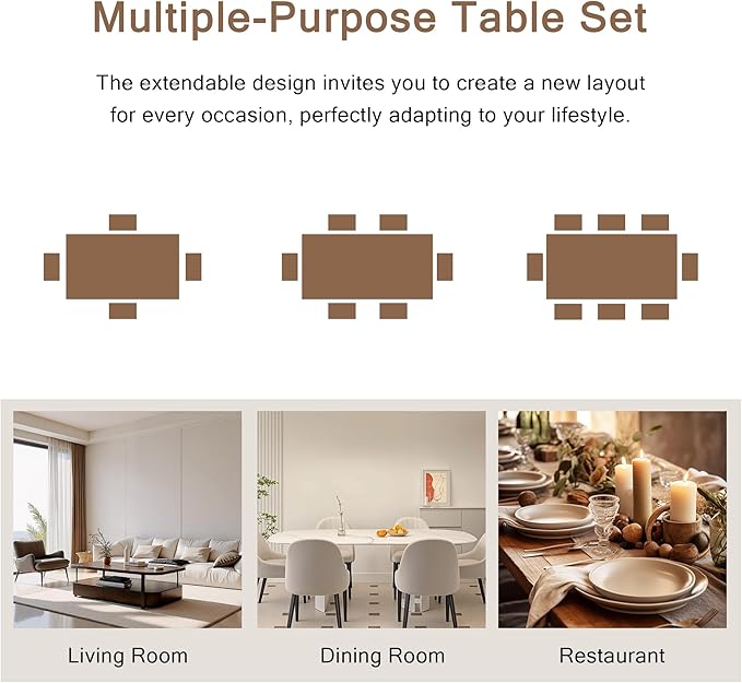 7-Piece Dining Table Set, 63" Extendable Kitchen Room Table with 6 Stools, Mid Century Modern Dinner Table with Metal Frame & MDF Board, Space-Saving, Easy Assembly, Black