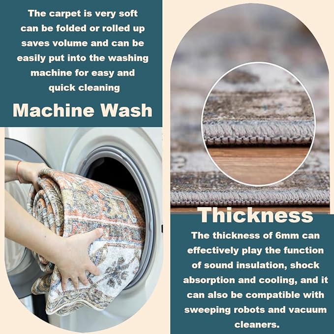 Washable Area Rug 8'x10' Retro Boho Design Non-Shedding Non-Slip Easy Care Ideal for High Traffic Areas in Living Room Bedroom Office Coffee Table Kitchen Large Carpet